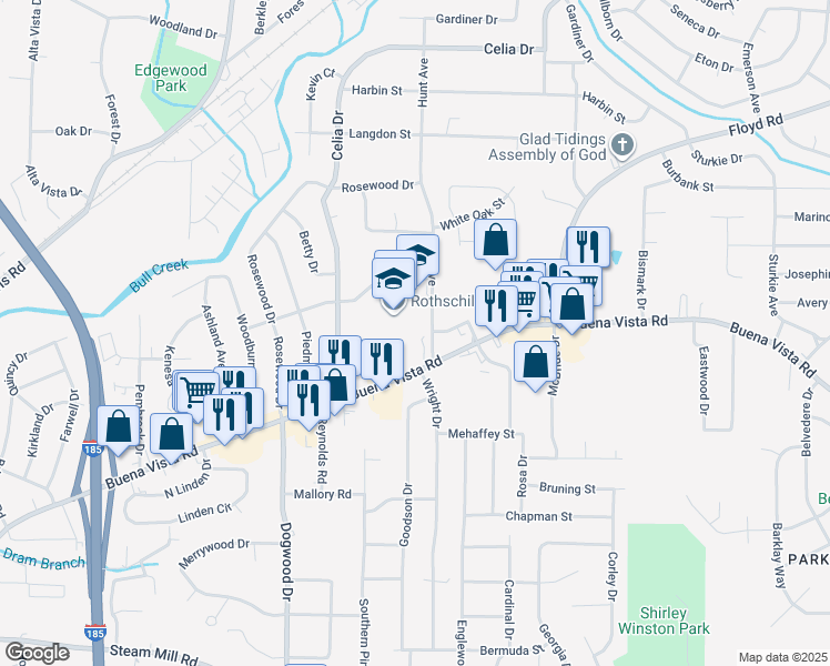 map of restaurants, bars, coffee shops, grocery stores, and more near 4601 Buena Vista Road in Columbus