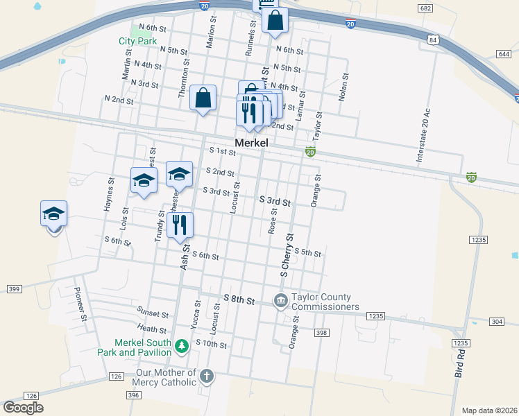 map of restaurants, bars, coffee shops, grocery stores, and more near 303 South Oak Street in Merkel