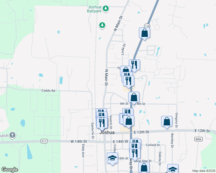 map of restaurants, bars, coffee shops, grocery stores, and more near 100 Ramada Avenue in Joshua