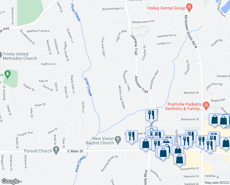map of restaurants, bars, coffee shops, grocery stores, and more near 513 Mossy Oak Ridge in Prattville
