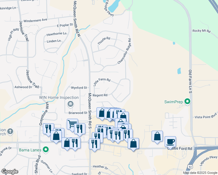 map of restaurants, bars, coffee shops, grocery stores, and more near 114 Regent Court in Prattville