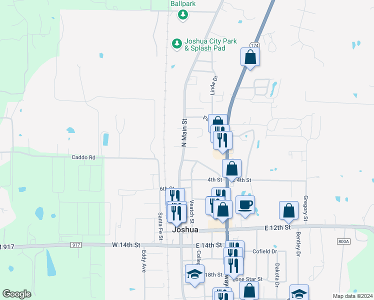 map of restaurants, bars, coffee shops, grocery stores, and more near 106 Ramada Avenue in Joshua