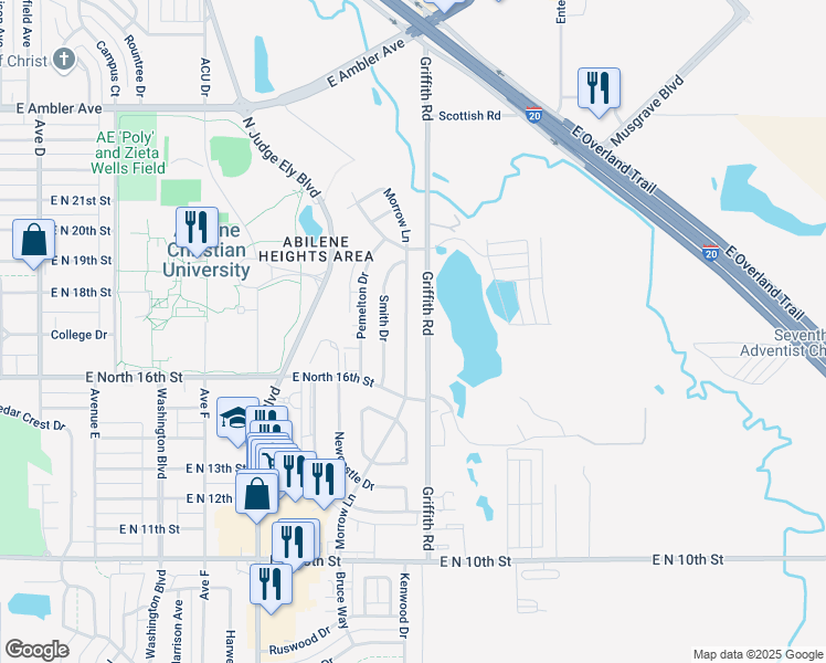 map of restaurants, bars, coffee shops, grocery stores, and more near 1718 Morrow Lane in Abilene