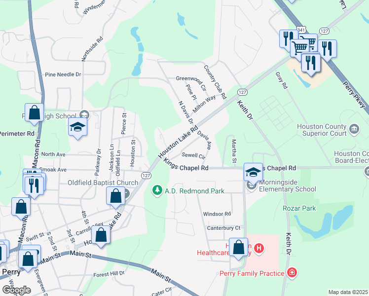 map of restaurants, bars, coffee shops, grocery stores, and more near 1719 Sewell Circle in Perry