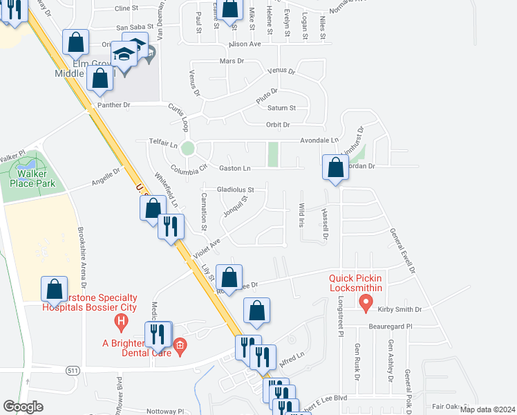 map of restaurants, bars, coffee shops, grocery stores, and more near 1323 Violet Avenue in Bossier City
