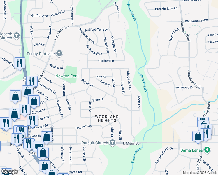 map of restaurants, bars, coffee shops, grocery stores, and more near 216 Doris Street in Prattville