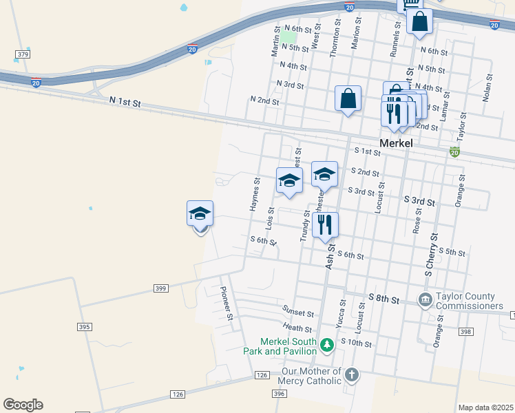 map of restaurants, bars, coffee shops, grocery stores, and more near 401 Haynes Street in Merkel