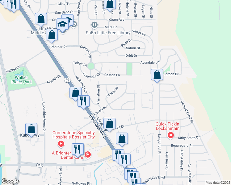 map of restaurants, bars, coffee shops, grocery stores, and more near 5311 Jonquil Street in Bossier City