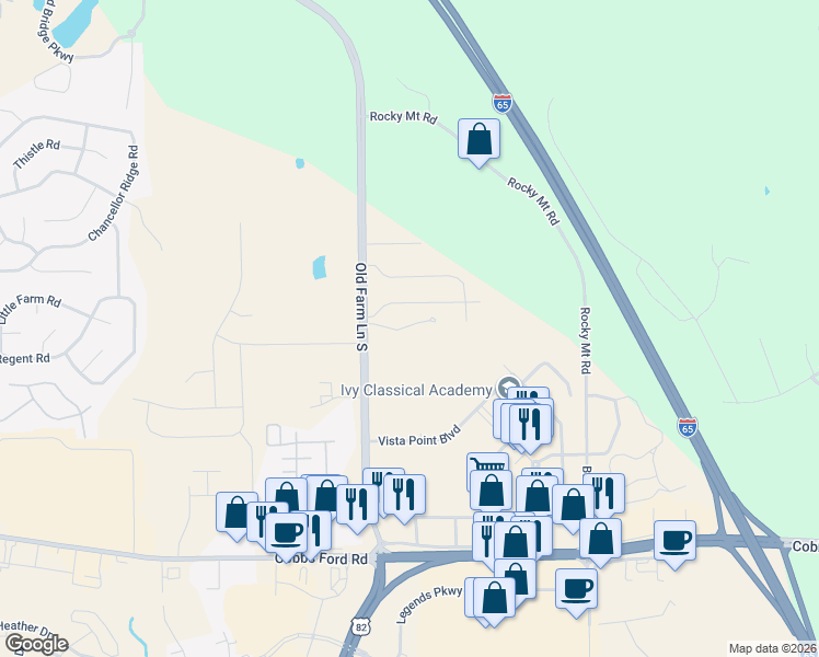 map of restaurants, bars, coffee shops, grocery stores, and more near 307 Old Farm Lane South in Prattville