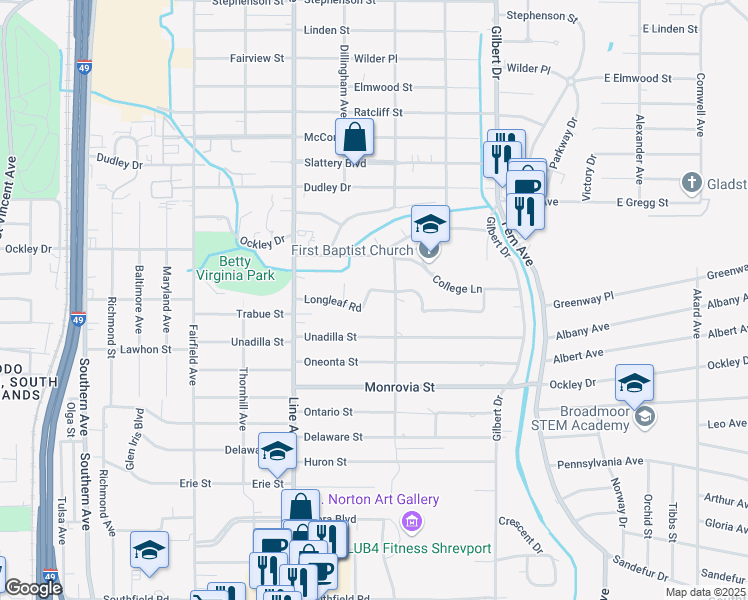 map of restaurants, bars, coffee shops, grocery stores, and more near 615 Longleaf Road in Shreveport