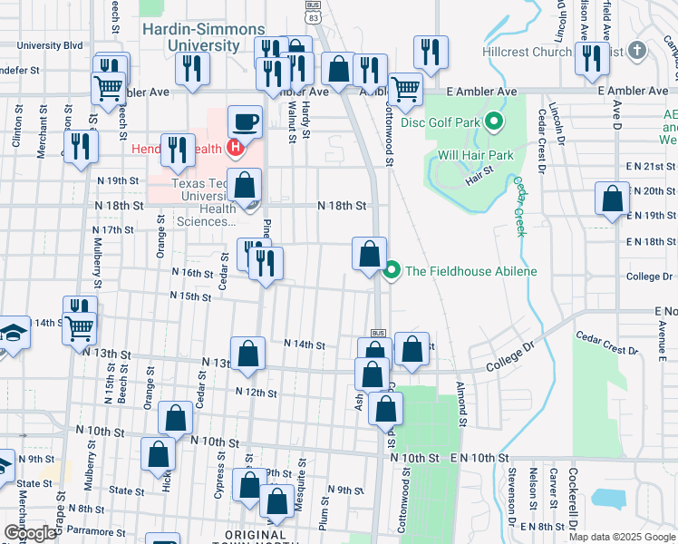 map of restaurants, bars, coffee shops, grocery stores, and more near 1634 Plum Street in Abilene