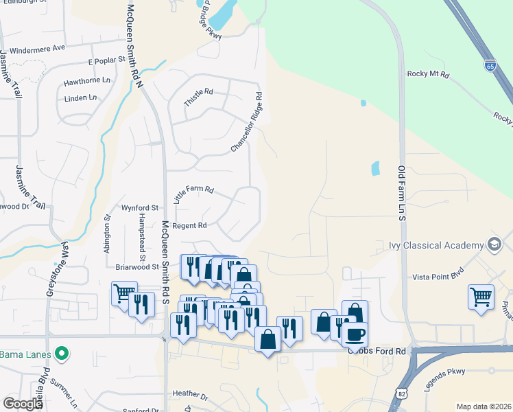 map of restaurants, bars, coffee shops, grocery stores, and more near 1968 Regent Road in Prattville