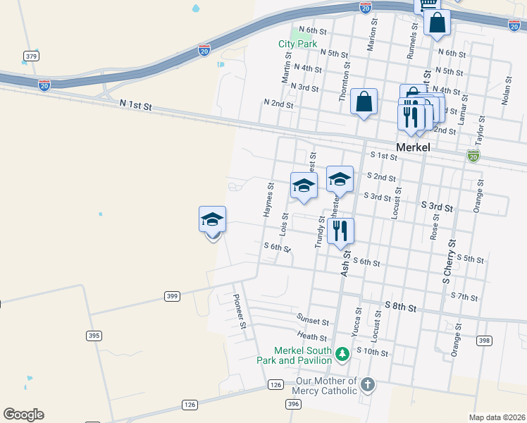 map of restaurants, bars, coffee shops, grocery stores, and more near 401 Haynes Street in Merkel