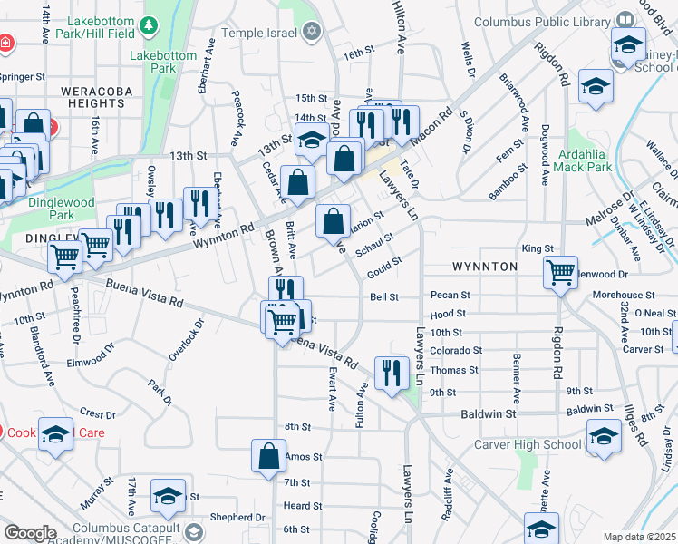 map of restaurants, bars, coffee shops, grocery stores, and more near 2330 Schaul Street in Columbus