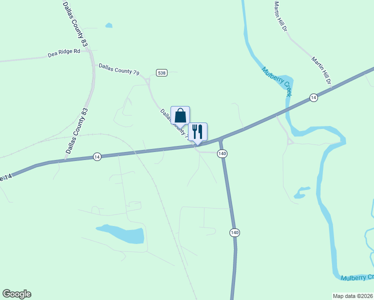 map of restaurants, bars, coffee shops, grocery stores, and more near 8840 Alabama 14 in Selma
