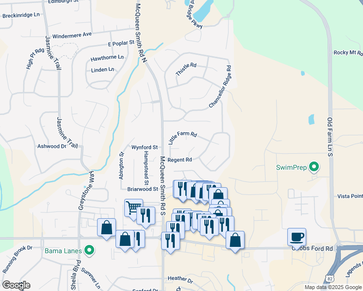 map of restaurants, bars, coffee shops, grocery stores, and more near 107 Glen Meadow Court in Prattville