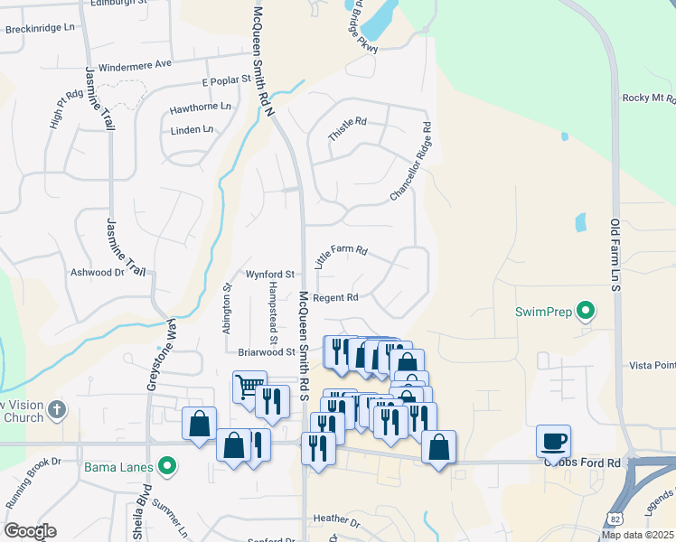 map of restaurants, bars, coffee shops, grocery stores, and more near 107 Glen Meadow Court in Prattville