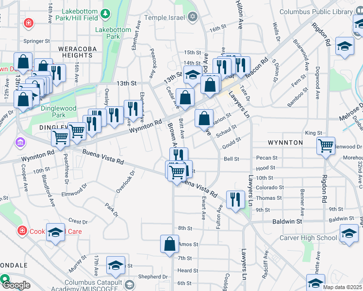 map of restaurants, bars, coffee shops, grocery stores, and more near 1113 Britt Avenue in Columbus