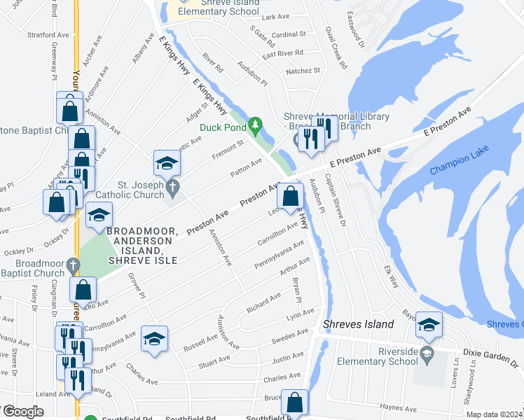 map of restaurants, bars, coffee shops, grocery stores, and more near 122 Leo Avenue in Shreveport