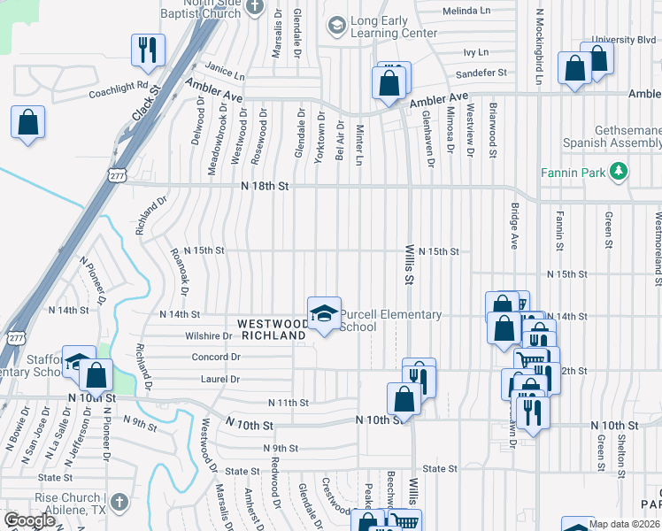 map of restaurants, bars, coffee shops, grocery stores, and more near 1474 Bel Air Drive in Abilene