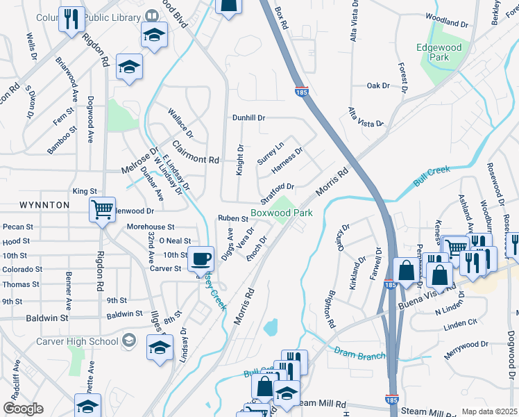 map of restaurants, bars, coffee shops, grocery stores, and more near 3546 Stratford Drive in Columbus