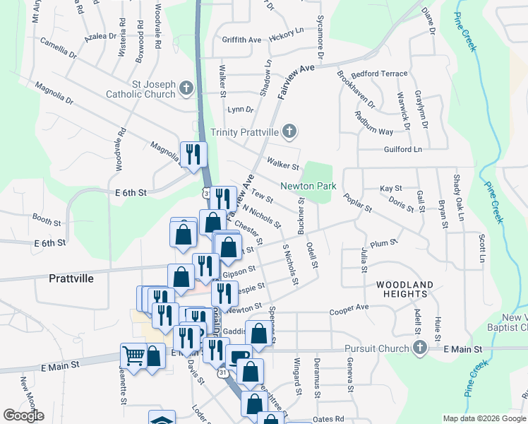 map of restaurants, bars, coffee shops, grocery stores, and more near 146 North Nichols Street in Prattville
