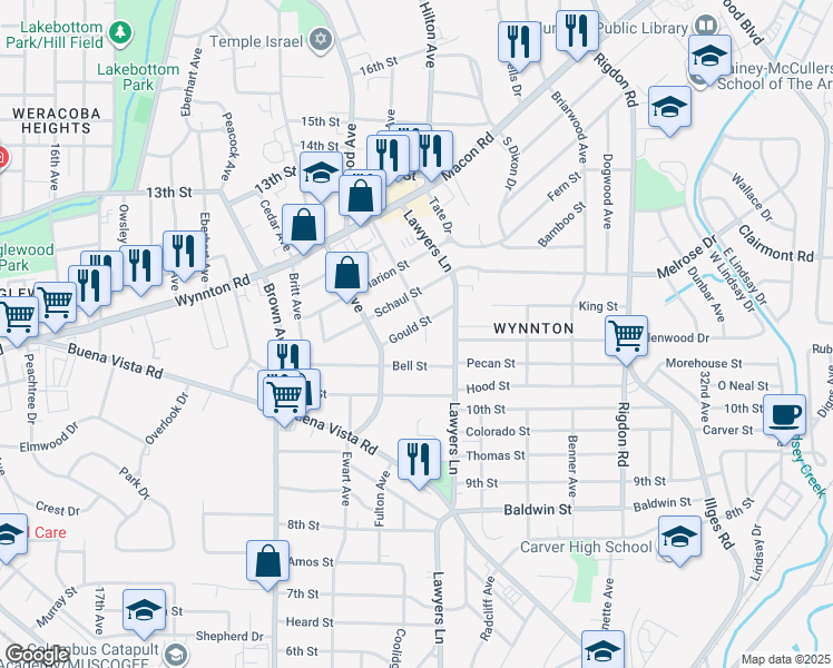 map of restaurants, bars, coffee shops, grocery stores, and more near 2436 Gould Street in Columbus