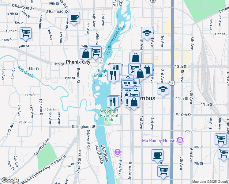 map of restaurants, bars, coffee shops, grocery stores, and more near 1111 Bay Avenue in Columbus