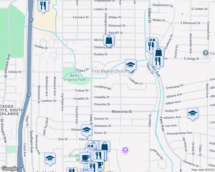 map of restaurants, bars, coffee shops, grocery stores, and more near 654 Longleaf Road in Shreveport