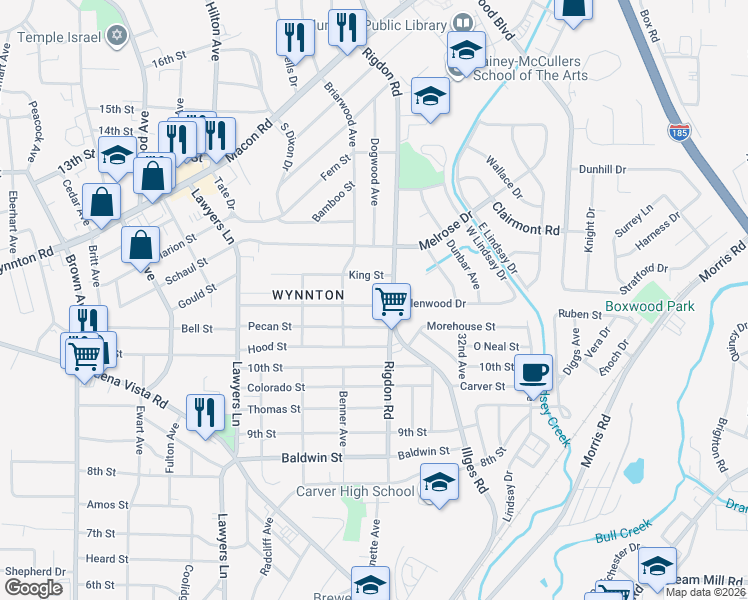map of restaurants, bars, coffee shops, grocery stores, and more near 2931 East Wynnton Lane in Columbus