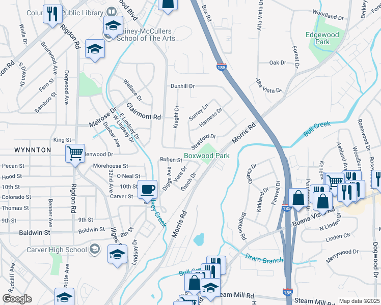 map of restaurants, bars, coffee shops, grocery stores, and more near 3546 Stratford Drive in Columbus