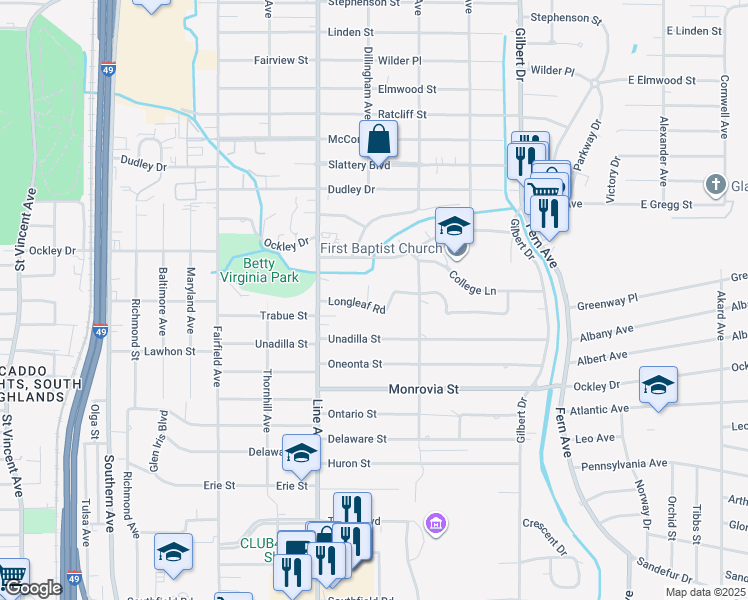 map of restaurants, bars, coffee shops, grocery stores, and more near 654 Longleaf Road in Shreveport