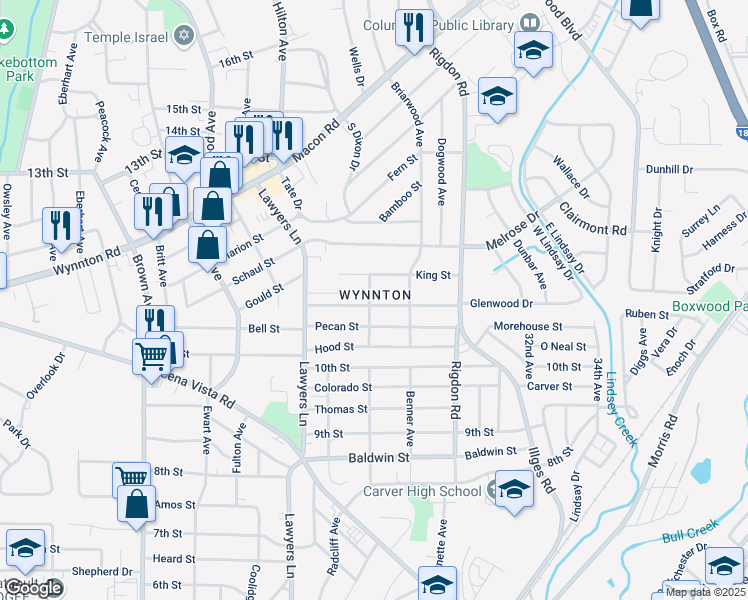 map of restaurants, bars, coffee shops, grocery stores, and more near 2803 East Wynnton Lane in Columbus