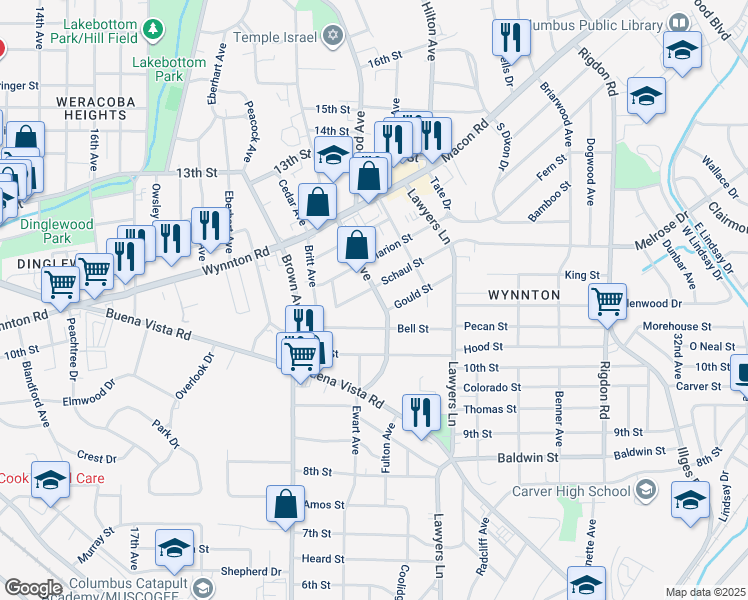 map of restaurants, bars, coffee shops, grocery stores, and more near 1115 Henry Avenue in Columbus