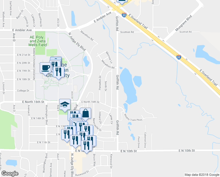 map of restaurants, bars, coffee shops, grocery stores, and more near 1718 Morrow Lane in Abilene
