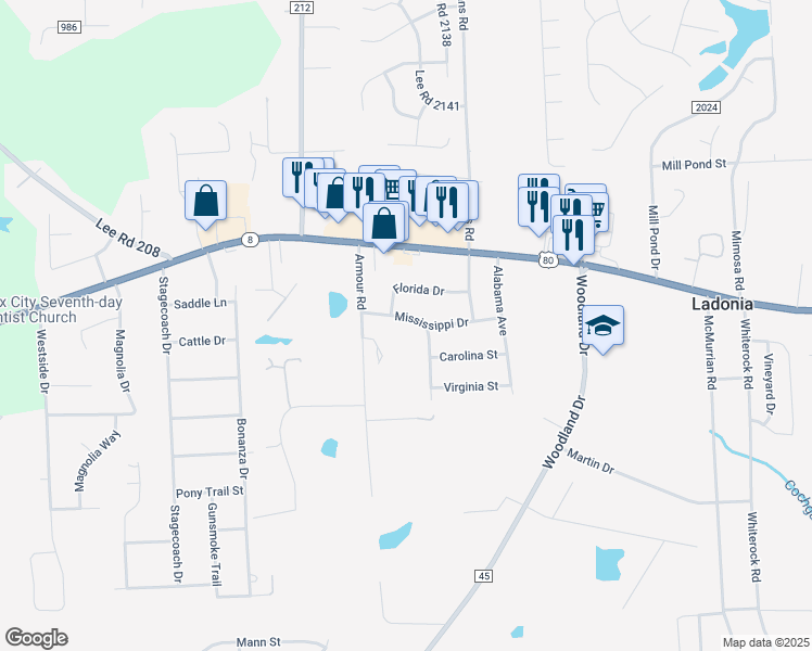 map of restaurants, bars, coffee shops, grocery stores, and more near 27 Mississippi Drive in Phenix City