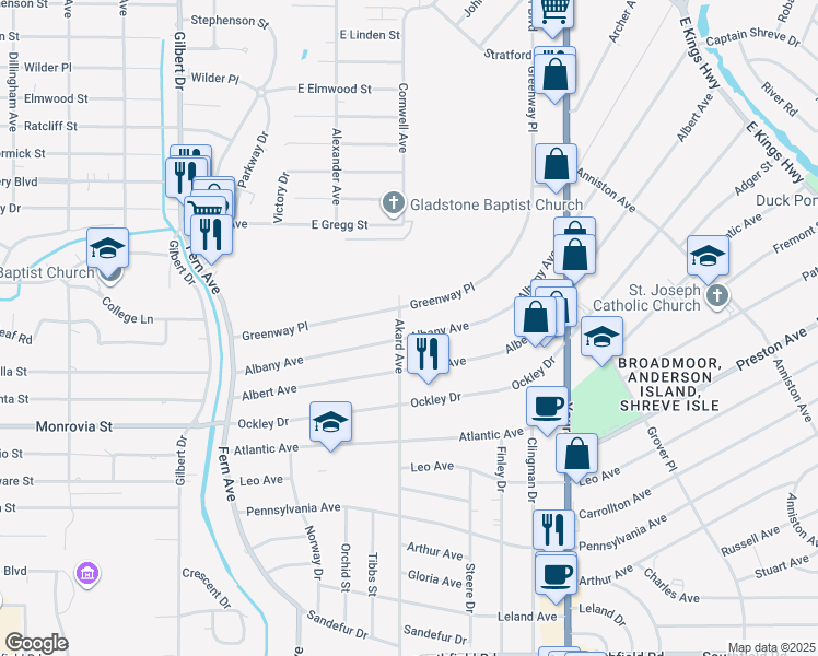 map of restaurants, bars, coffee shops, grocery stores, and more near 402 Albany Avenue in Shreveport