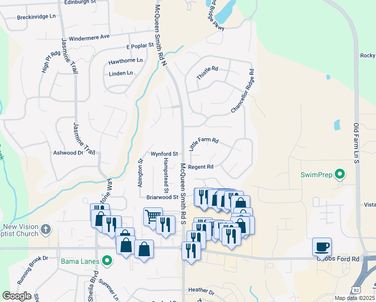 map of restaurants, bars, coffee shops, grocery stores, and more near 611 Little Farm Road in Prattville