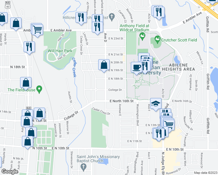 map of restaurants, bars, coffee shops, grocery stores, and more near 618 College Drive in Abilene