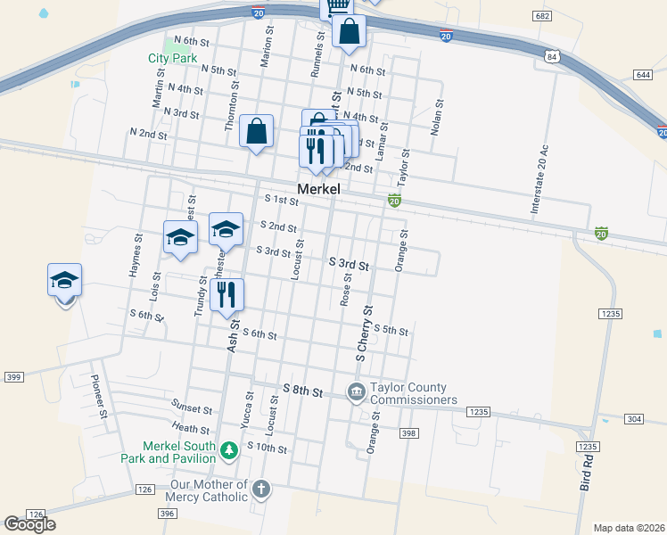 map of restaurants, bars, coffee shops, grocery stores, and more near 1005 South 3rd Street in Merkel