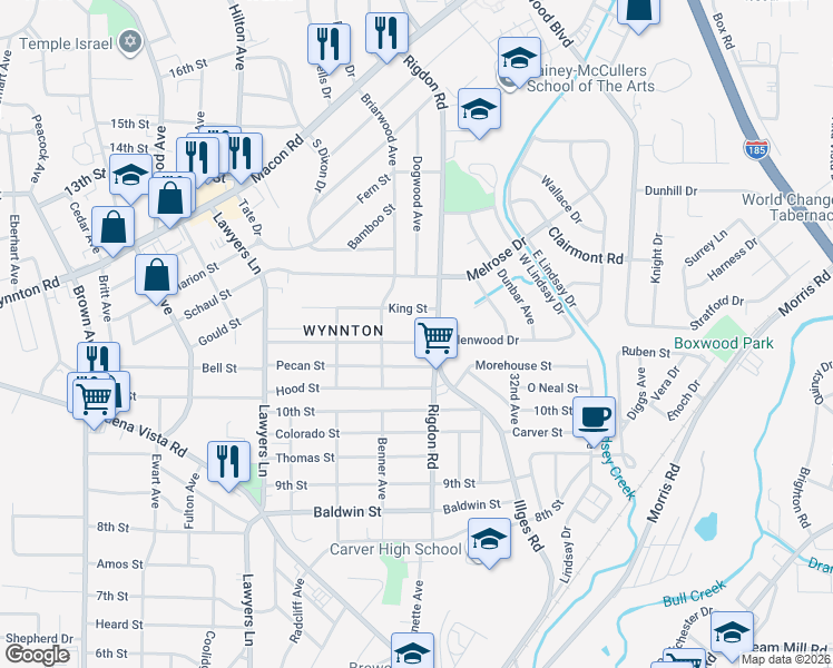 map of restaurants, bars, coffee shops, grocery stores, and more near 2931 East Wynnton Lane in Columbus