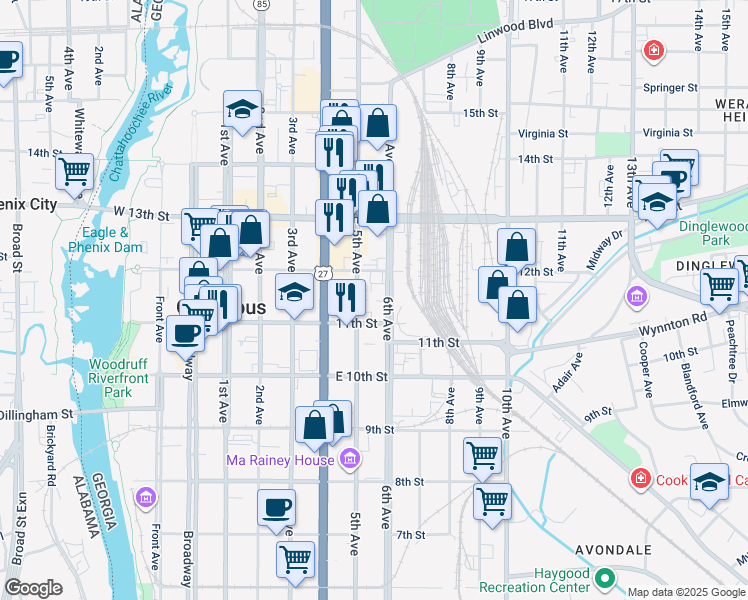 map of restaurants, bars, coffee shops, grocery stores, and more near 1121 6th Avenue in Columbus
