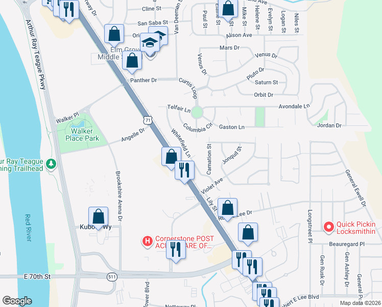 map of restaurants, bars, coffee shops, grocery stores, and more near 400 Whitefield Ct in Bossier City