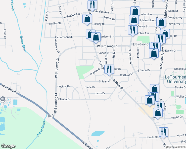 map of restaurants, bars, coffee shops, grocery stores, and more near 415 Leonard Drive in Longview