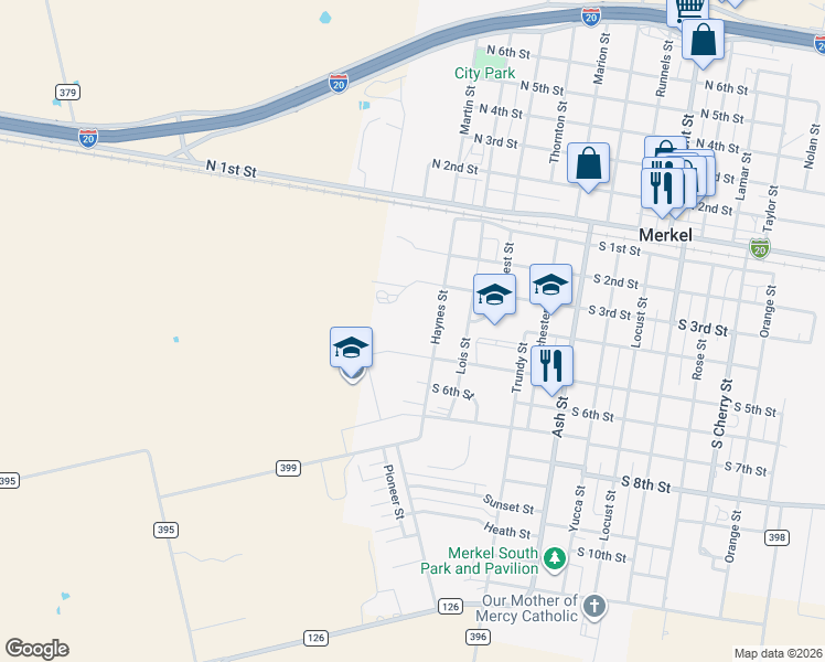 map of restaurants, bars, coffee shops, grocery stores, and more near 1820 South 5th Street in Merkel