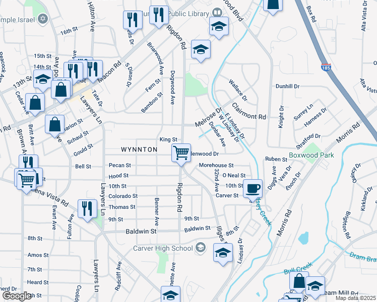 map of restaurants, bars, coffee shops, grocery stores, and more near 1054 Rigdon Road in Columbus