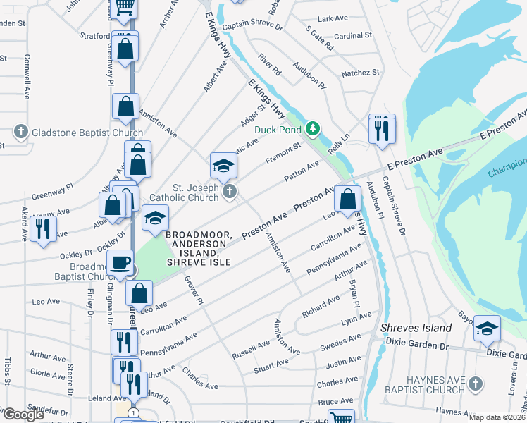 map of restaurants, bars, coffee shops, grocery stores, and more near 1327 Anniston Avenue in Shreveport