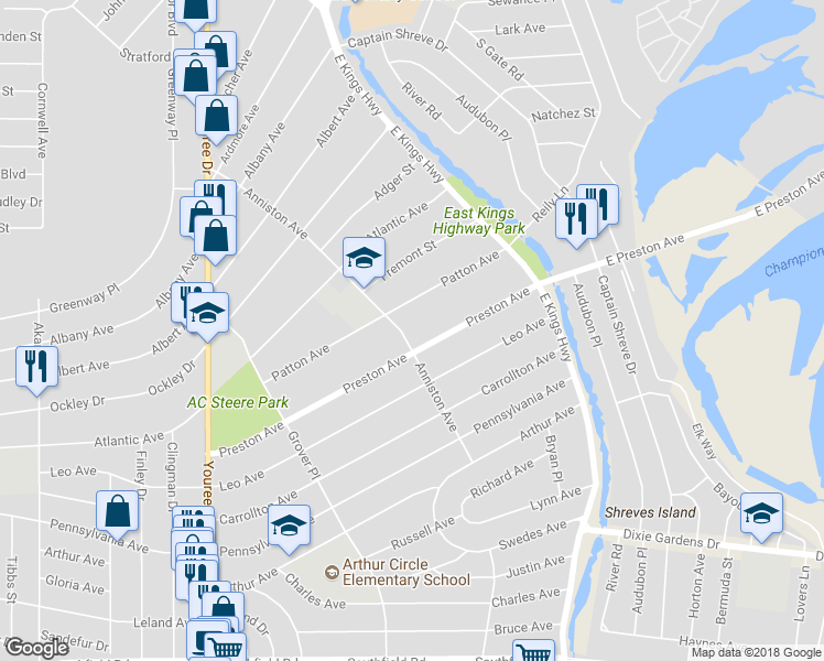 map of restaurants, bars, coffee shops, grocery stores, and more near 1327 Anniston Avenue in Shreveport