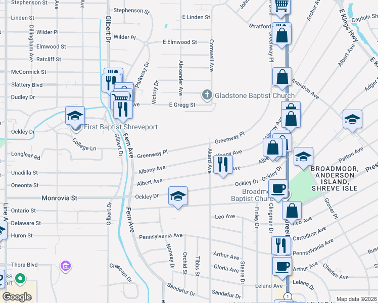 map of restaurants, bars, coffee shops, grocery stores, and more near 3827 Greenway Pl in Shreveport