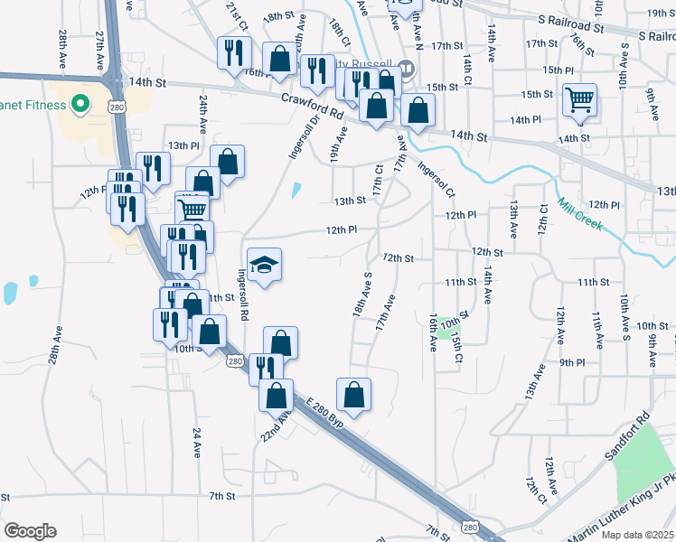 map of restaurants, bars, coffee shops, grocery stores, and more near 1815 Abbott Drive in Phenix City